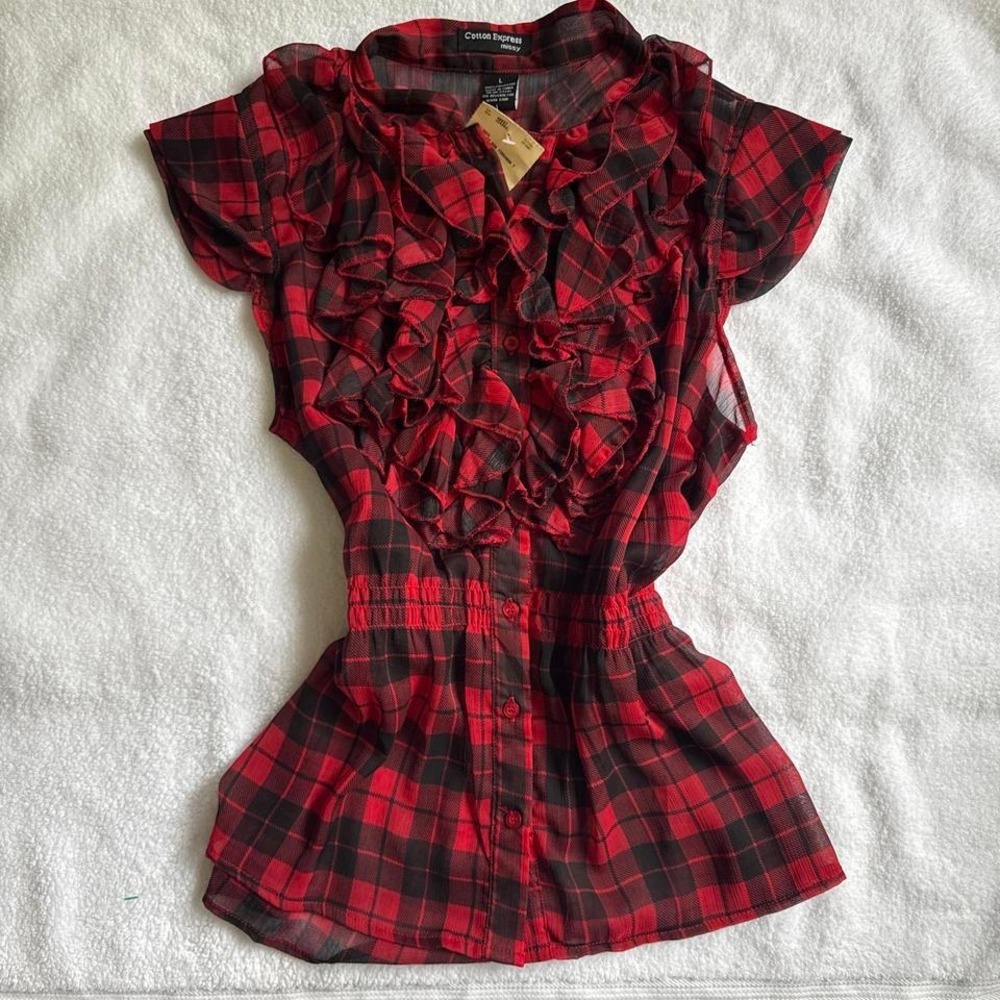 grungy red & black plaid blouse with ruffles